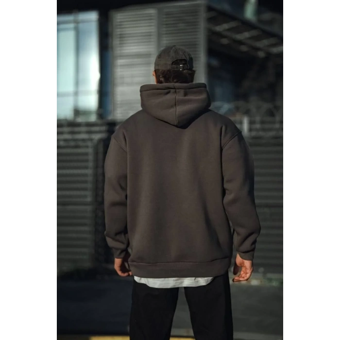 Erkek 3 İplik Pamuklu Kapüşonlu Basic SweatShirt Hoodie - Füme