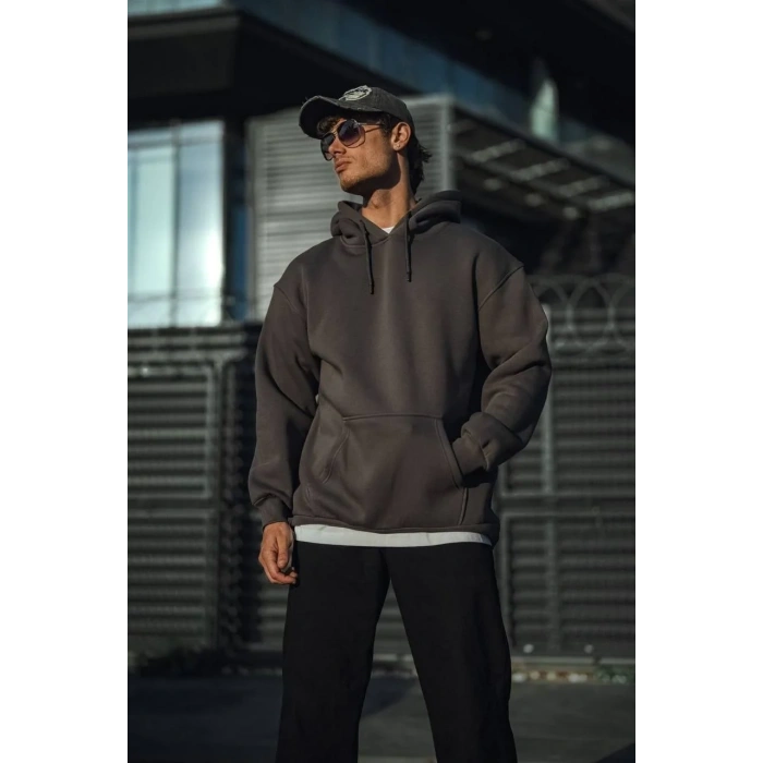 Erkek 3 İplik Pamuklu Kapüşonlu Basic SweatShirt Hoodie - Füme