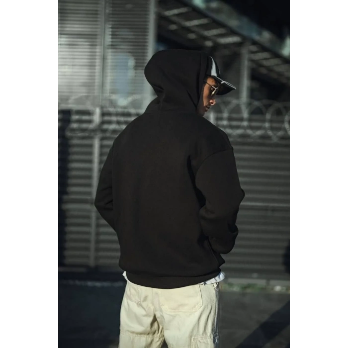 Erkek 3 İplik Pamuklu Kapüşonlu Basic SweatShirt Hoodie - Siyah