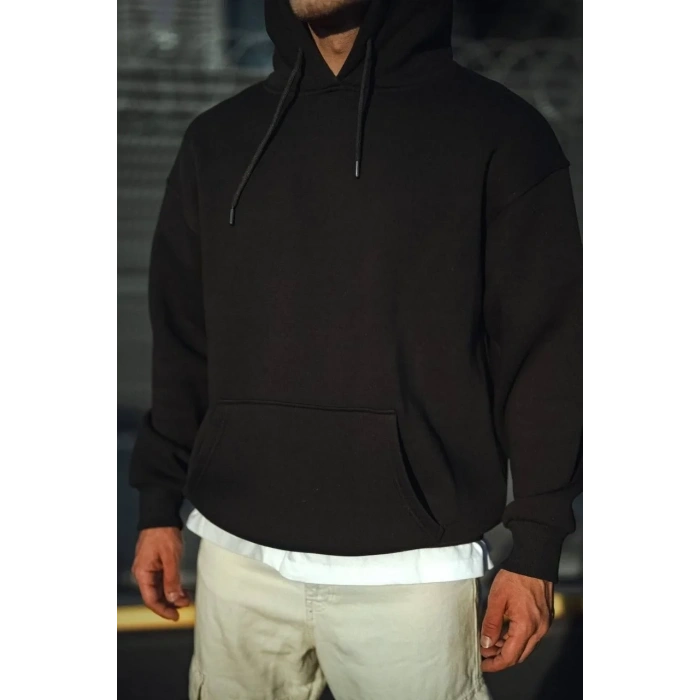 Erkek 3 İplik Pamuklu Kapüşonlu Basic SweatShirt Hoodie - Siyah