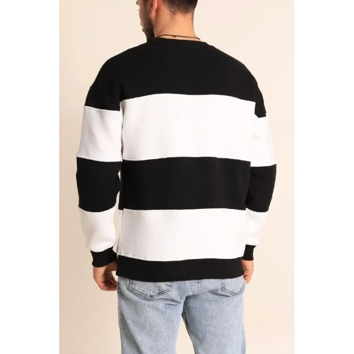Erkek 3 iplik pamuklu Parçalı Bisiklet Yaka SweatShirt - Siyah