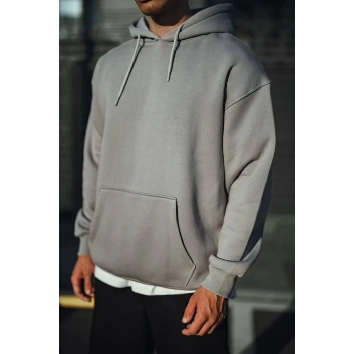 Erkek 3 İplik Penye Kapüşonlu Basic SweatShirt Hoodie - Boyalı Gri