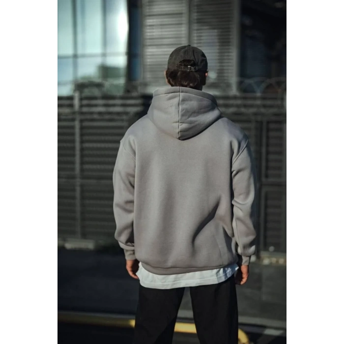 Erkek 3 İplik Penye Kapüşonlu Basic SweatShirt Hoodie - Boyalı Gri