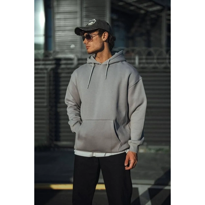 Erkek 3 İplik Penye Kapüşonlu Basic SweatShirt Hoodie - Boyalı Gri
