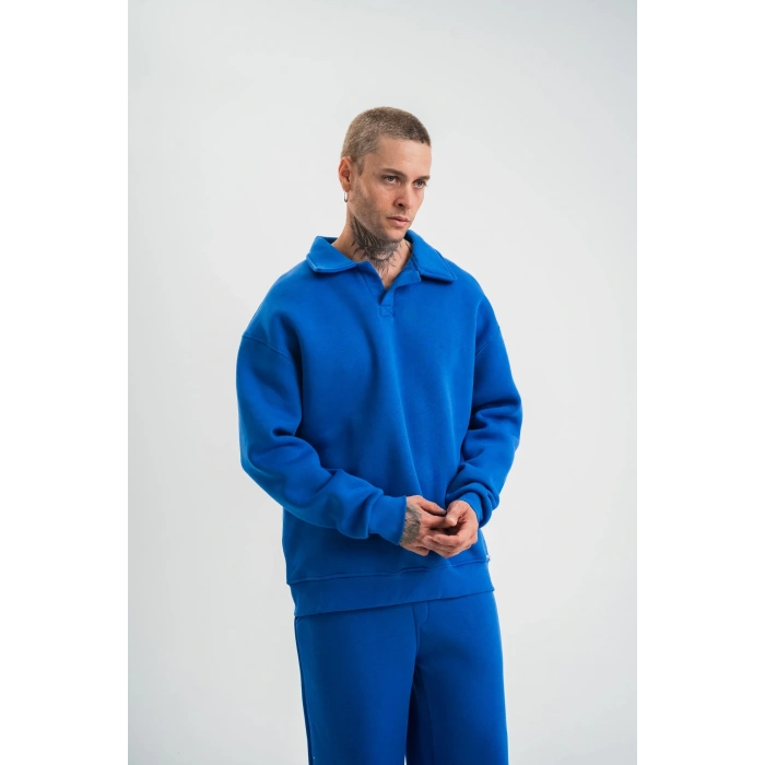 Erkek Açık Yakalı Oversize 3 İplik Pamuklu Sweatshirt - Mavii