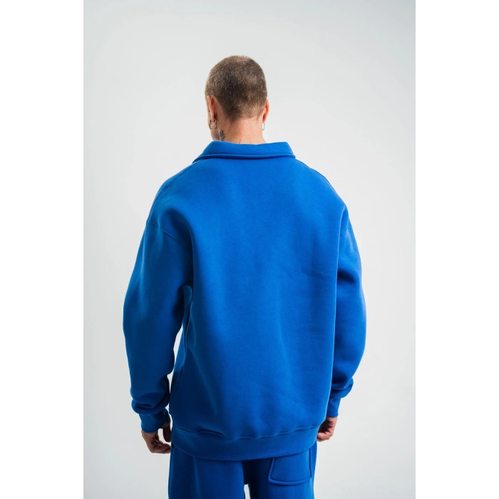 Erkek Açık Yakalı Oversize 3 İplik Pamuklu Sweatshirt - Mavii