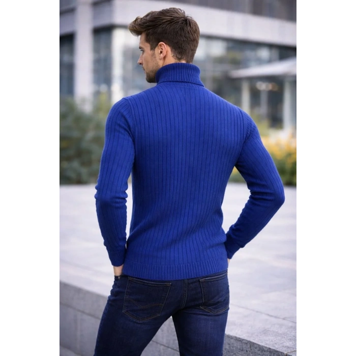 Erkek Balıkçı Yaka Boğazlı Triko Kazak Kalın Fitilli Regular Fit - İndigo