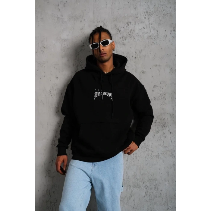 Erkek Baskılı Kapüşonlu ve Kanguru Cepli Sweatshirt hoodie- Siyah