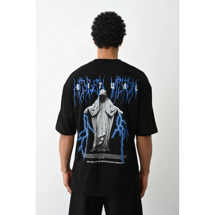Erkek Baskılı Oversize  Kısa kol T-Shirt - Siyah