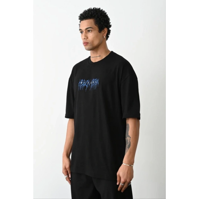 Erkek Baskılı Oversize  Kısa kol T-Shirt - Siyah
