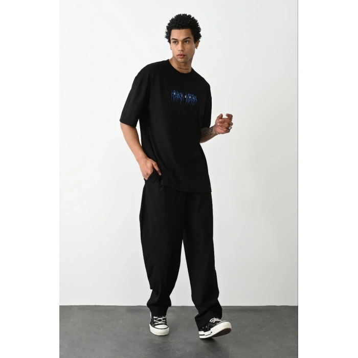 Erkek Baskılı Oversize  Kısa kol T-Shirt - Siyah