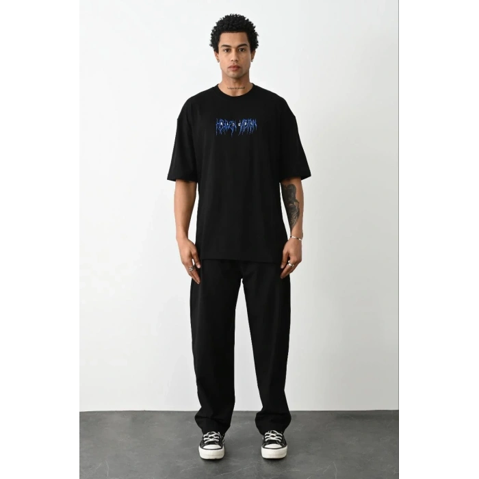 Erkek Baskılı Oversize  Kısa kol T-Shirt - Siyah