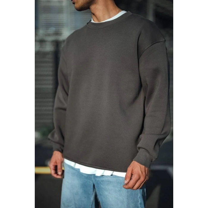 Erkek Bisiklet Yaka 3 iplik Pamuklu Basic SweatShirt  - Antrasit