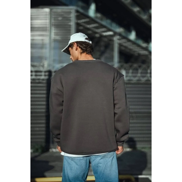 Erkek Bisiklet Yaka 3 iplik Pamuklu Basic SweatShirt  - Antrasit