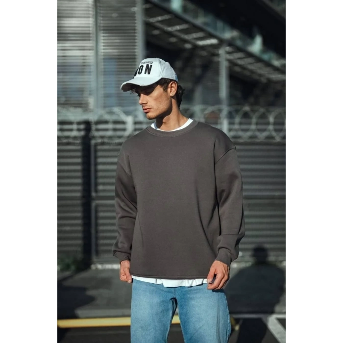 Erkek Bisiklet Yaka 3 iplik Pamuklu Basic SweatShirt  - Antrasit