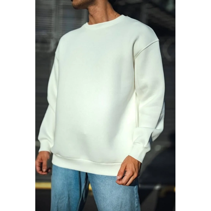 Erkek  Bisiklet Yaka 3 İplik Pamuklu Basic SweatShirt - Beyaz
