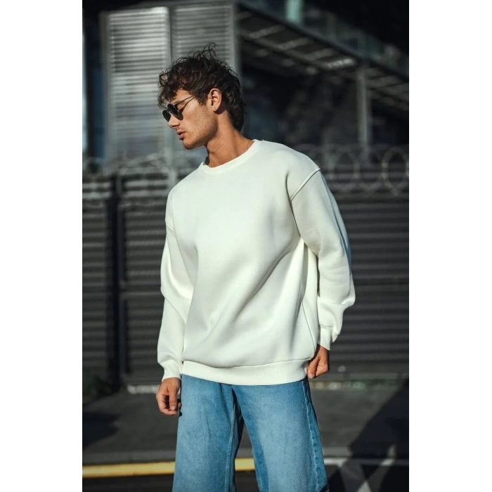 Erkek  Bisiklet Yaka 3 İplik Pamuklu Basic SweatShirt - Beyaz