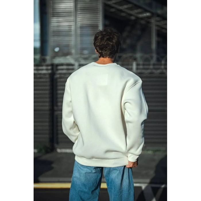 Erkek  Bisiklet Yaka 3 İplik Pamuklu Basic SweatShirt - Beyaz