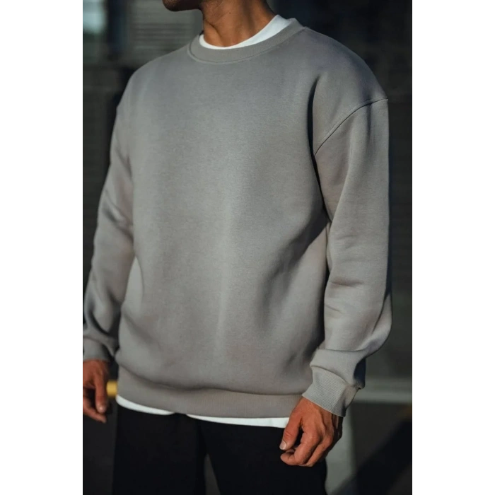 Erkek Bisiklet Yaka 3 İplik pamuklu Basic SweatShirt - Boyalı Gri
