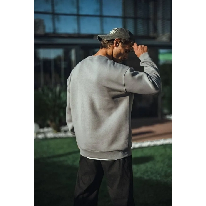 Erkek Bisiklet Yaka 3 İplik pamuklu Basic SweatShirt - Boyalı Gri
