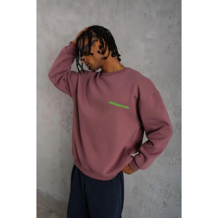 Erkek Bisiklet Yaka Baskılı 3 iplik pamuklu Sweatshirt - Gül Kurusu