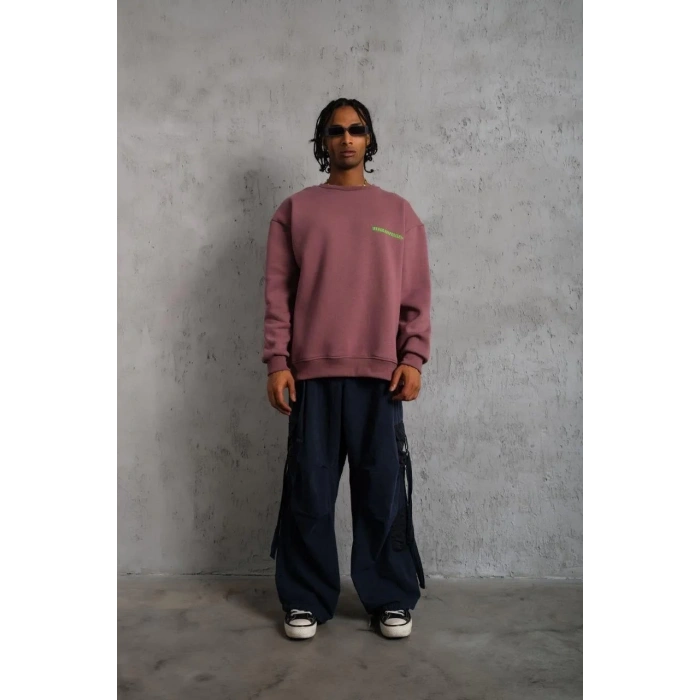 Erkek Bisiklet Yaka Baskılı 3 iplik pamuklu Sweatshirt - Gül Kurusu