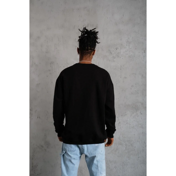 Erkek Bisiklet Yaka Baskılı 3 İplik Pamuklu Sweatshirt -  Siyah