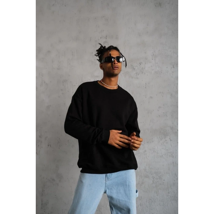 Erkek Bisiklet Yaka Baskılı 3 İplik Pamuklu Sweatshirt -  Siyah