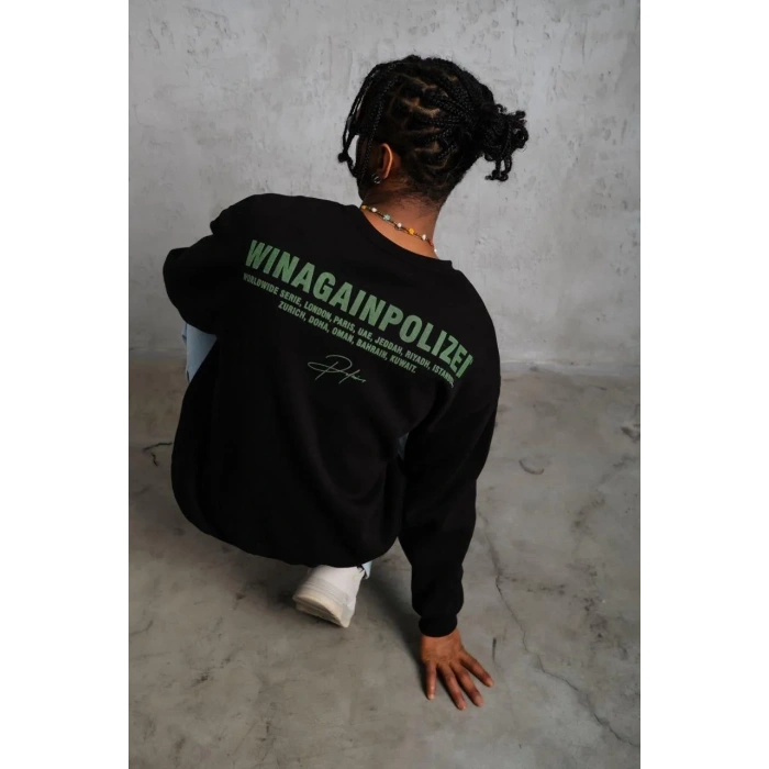 Erkek Bisiklet Yaka Baskılı 3 iplik pamuklu Sweatshirt - Siyah