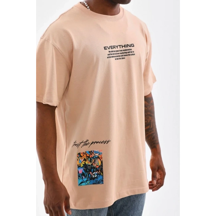 Erkek  Bisiklet Yaka Baskılı Oversize T-Shirt - Bej
