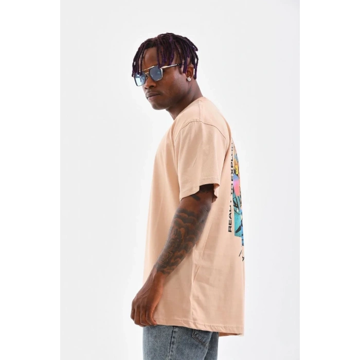 Erkek  Bisiklet Yaka Baskılı Oversize T-Shirt - Bej