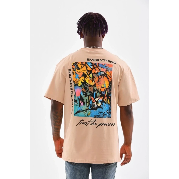 Erkek  Bisiklet Yaka Baskılı Oversize T-Shirt - Bej