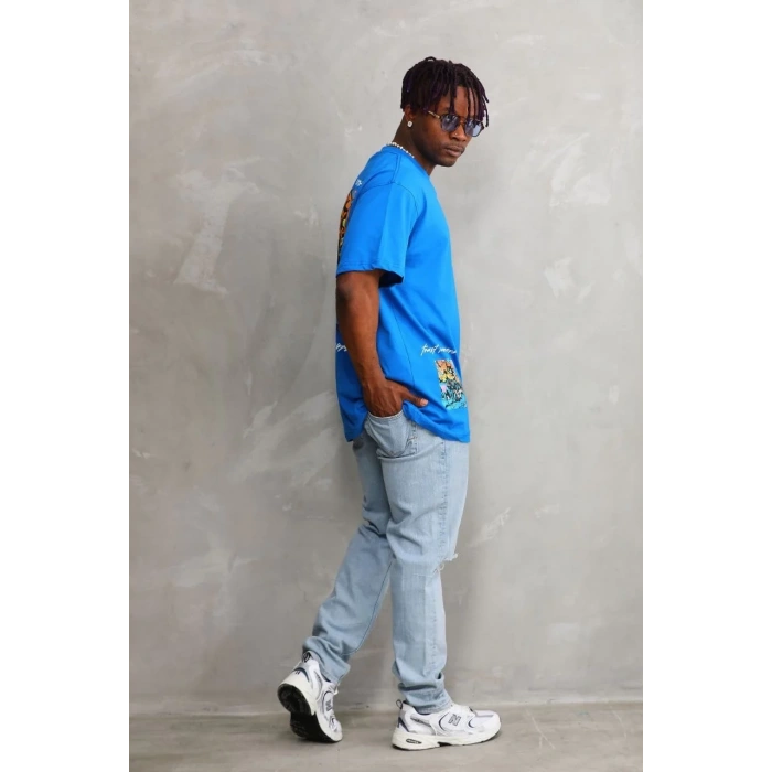 Erkek Bisiklet Yaka Baskılı Oversize T-Shirt - Mavi