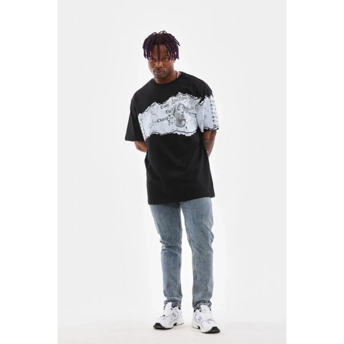 Erkek  Bisiklet Yaka Baskılı Oversize T-Shirt - Siyah