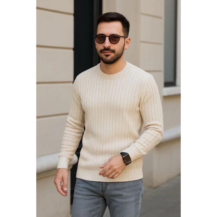 Erkek Bisiklet Yaka Triko Kazak Pamuklu Kalın Fitilli Dokuma Regular Fit - Bej