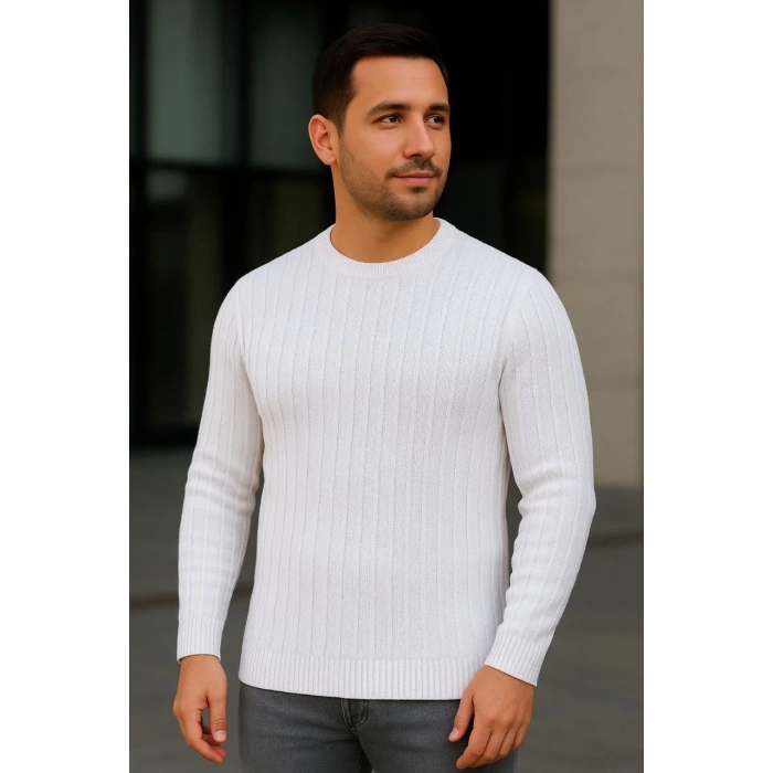 Erkek Bisiklet Yaka Triko Kazak Pamuklu Kalın Fitilli Dokuma Regular Fit - Beyaz
