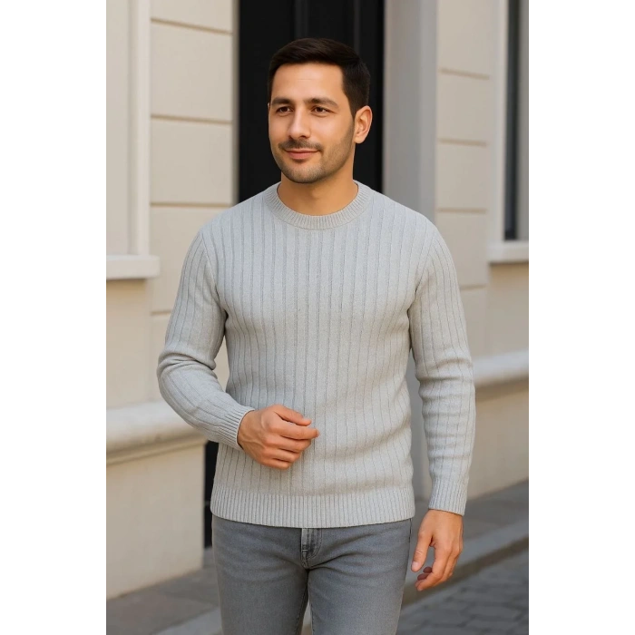 Erkek Bisiklet Yaka Triko Kazak Pamuklu Kalın Fitilli Dokuma Regular Fit - Gri