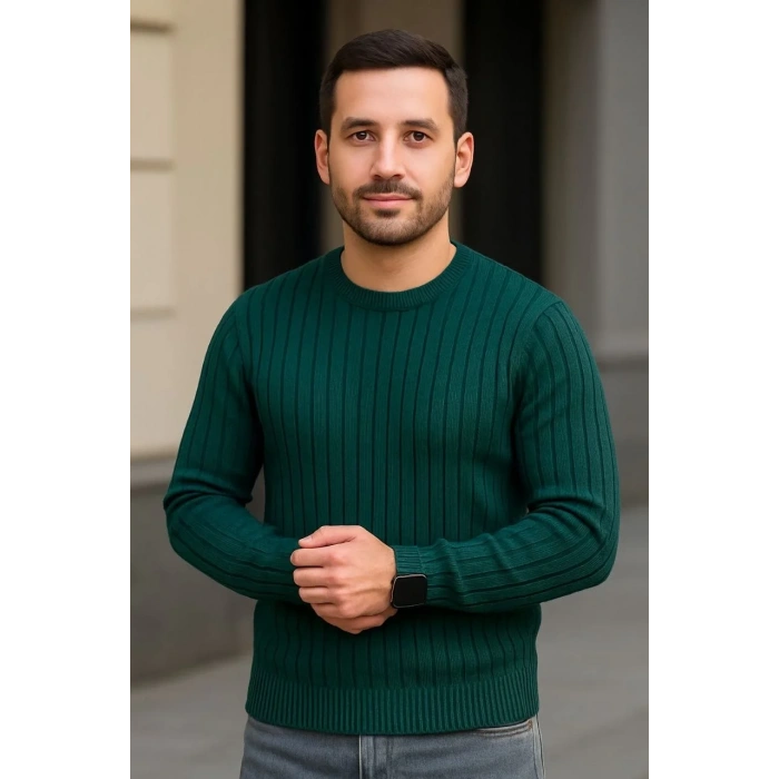 Erkek Bisiklet Yaka Triko Kazak Pamuklu Kalın Fitilli Dokuma Regular Fit - Haki