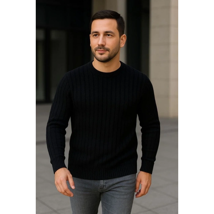 Erkek Bisiklet Yaka Triko Kazak Pamuklu Kalın Fitilli Dokuma Regular Fit - Siyah