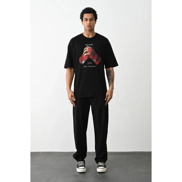 Erkek Boxy Eldiven Baskılı T-Shirt Kısa Kol Bisiklet Yaka Tişört - Siyah