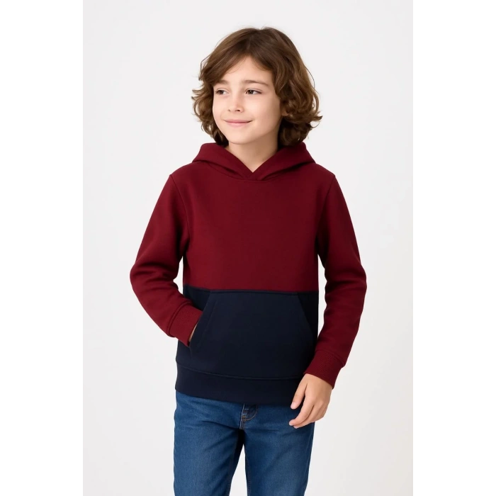 Erkek Çocuk Kapüşonlu Kanguru Cepli Parçalı SweatShirt - Renkli