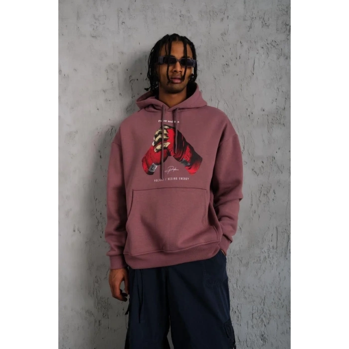 Erkek Kapüşonlu Cepli Box Eldiven Baskılı 3 İplik Sweatshirt Hoodie - Gül Kurusu