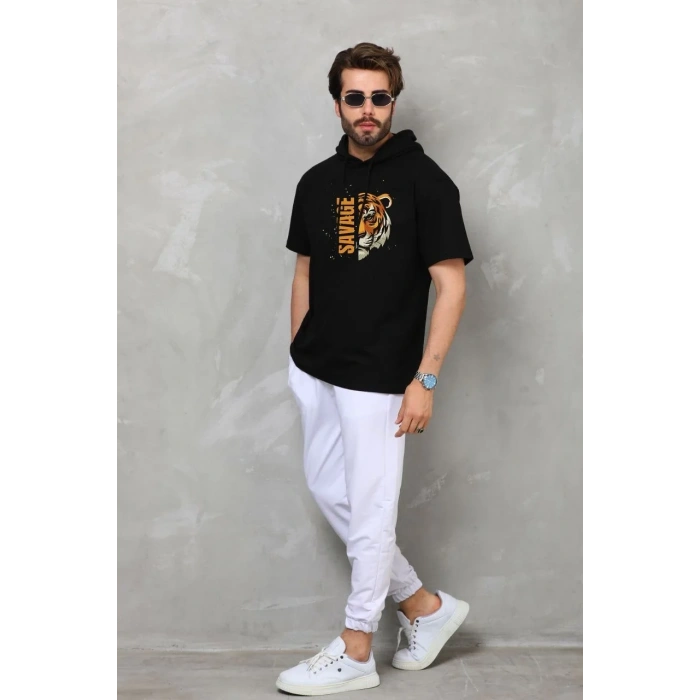 Erkek Kapüşonlu Kısa Kol Oversize Baskılı T-Shirt - Siyah