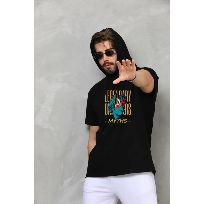 Erkek Kapüşonlu Kolsuz Oversize Baskılı Tişört - Siyah