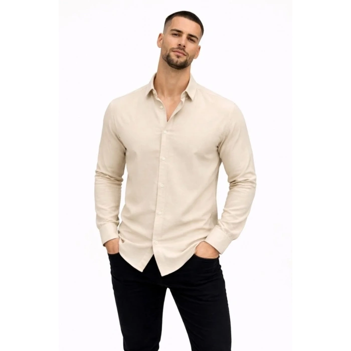 Erkek KETEN Kumaş  Uzun Kollu Regular fit Gömlek - Bej
