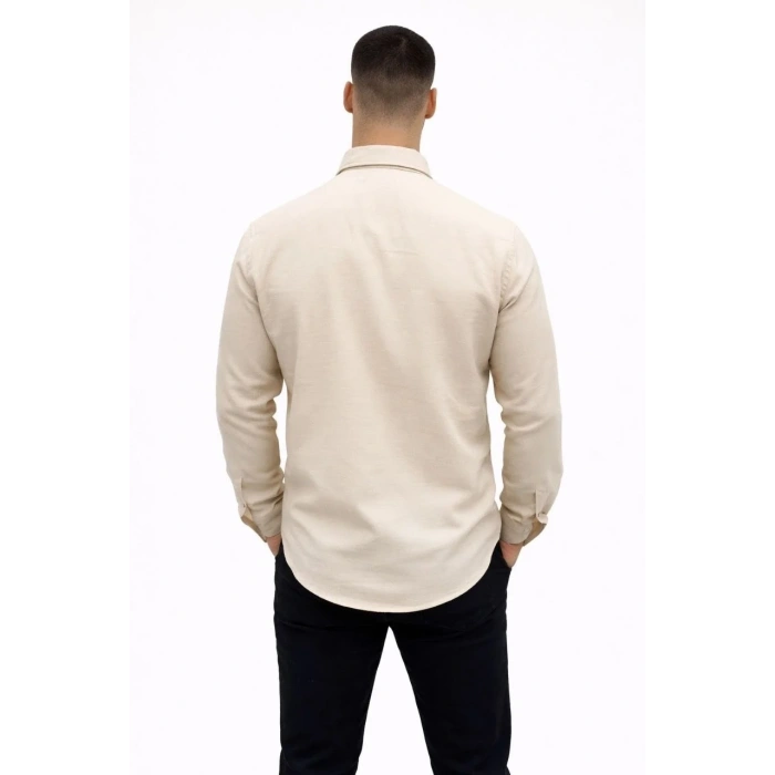 Erkek KETEN Kumaş  Uzun Kollu Regular fit Gömlek - Bej