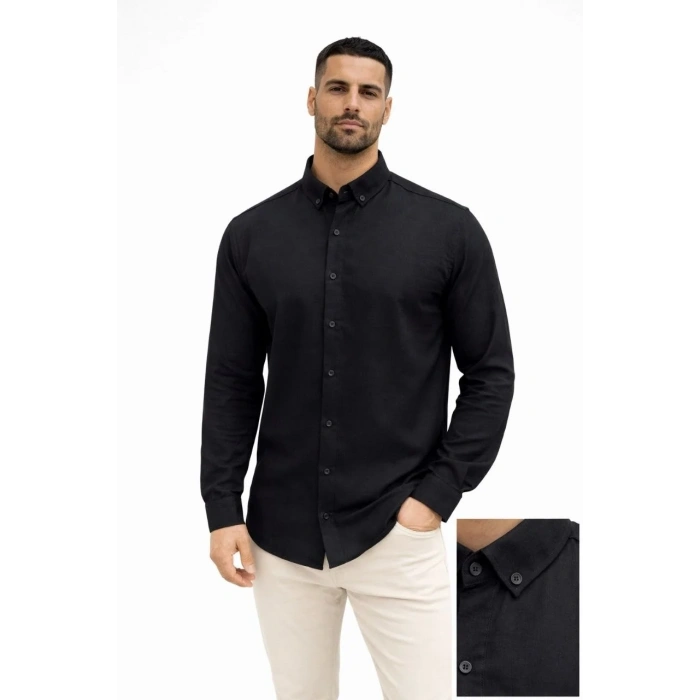 Erkek KETEN Kumaş  Uzun Kollu Regular Fit Gömlek - Siyah