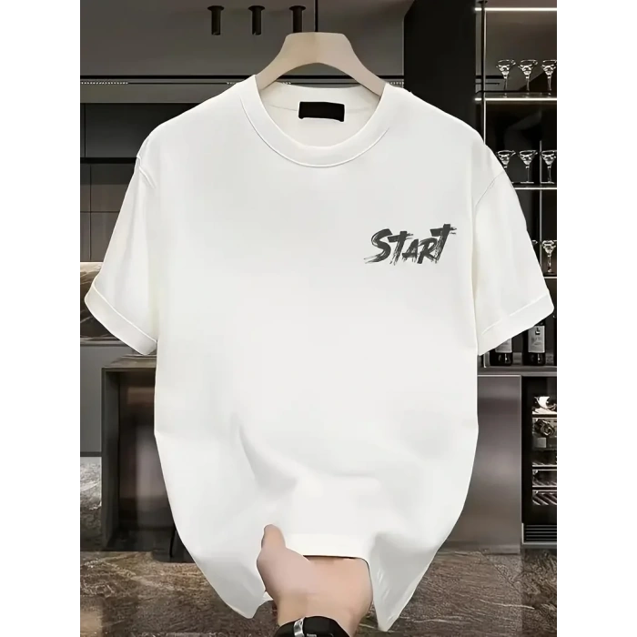 Erkek Kısa Kol Yazlık Tişört Bisiklet Yaka Baskılı Oversize T-Shirt - Beyaz