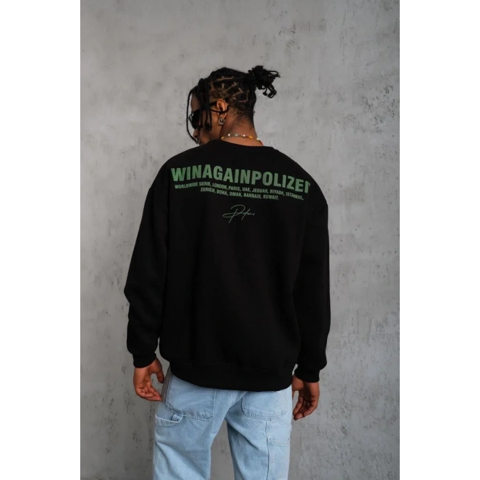 Erkek Oversize Sweatshirt Ön ve Sırt Baskılı 3 İplik Pamuklu - Siyah