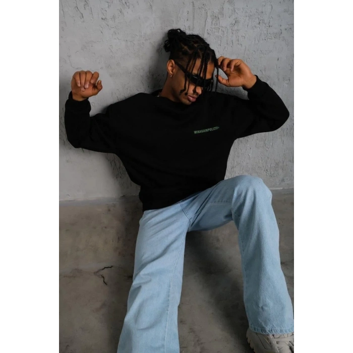 Erkek Oversize Sweatshirt Ön ve Sırt Baskılı 3 İplik Pamuklu - Siyah